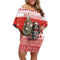 Personalized Merry Swissmas Off Shoulder Short Dress Bernese Mountain Dog Christmas Pattern - Wonder Print Shop