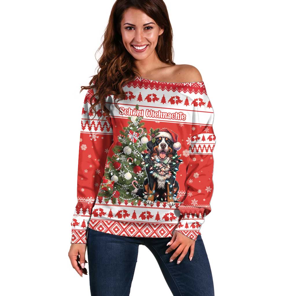 Personalized Merry Swissmas Off Shoulder Sweater Bernese Mountain Dog Christmas Pattern - Wonder Print Shop