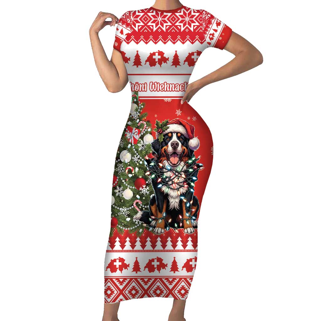 Personalized Merry Swissmas Short Sleeve Bodycon Dress Bernese Mountain Dog Christmas Pattern - Wonder Print Shop