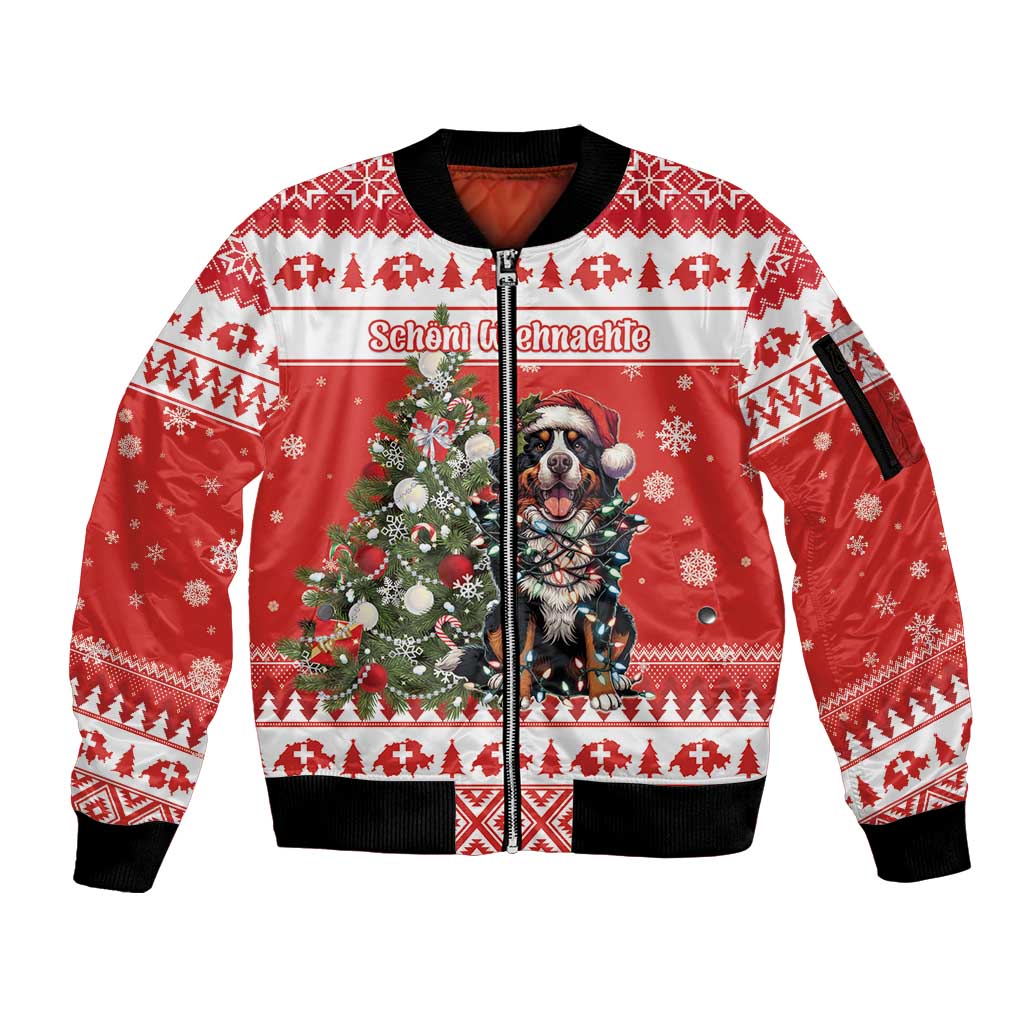 Personalized Merry Swissmas Sleeve Zip Bomber Jacket Bernese Mountain Dog Christmas Pattern - Wonder Print Shop