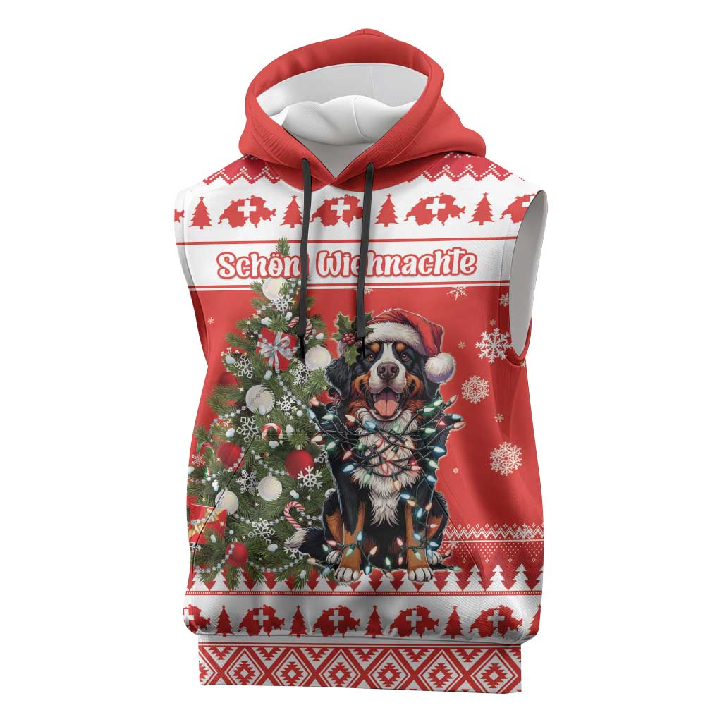 Personalized Merry Swissmas Sleeveless Hoodie Bernese Mountain Dog Christmas Pattern - Wonder Print Shop