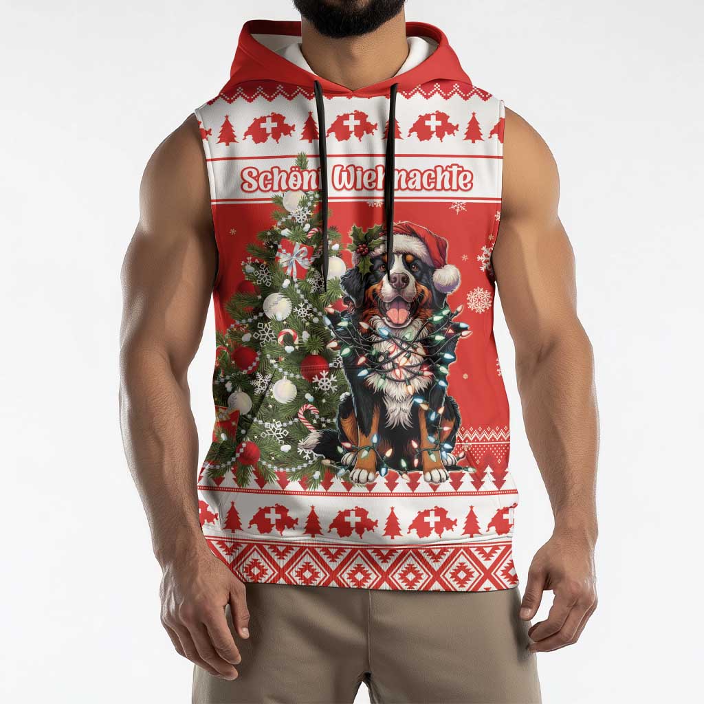 Personalized Merry Swissmas Sleeveless Hoodie Bernese Mountain Dog Christmas Pattern - Wonder Print Shop