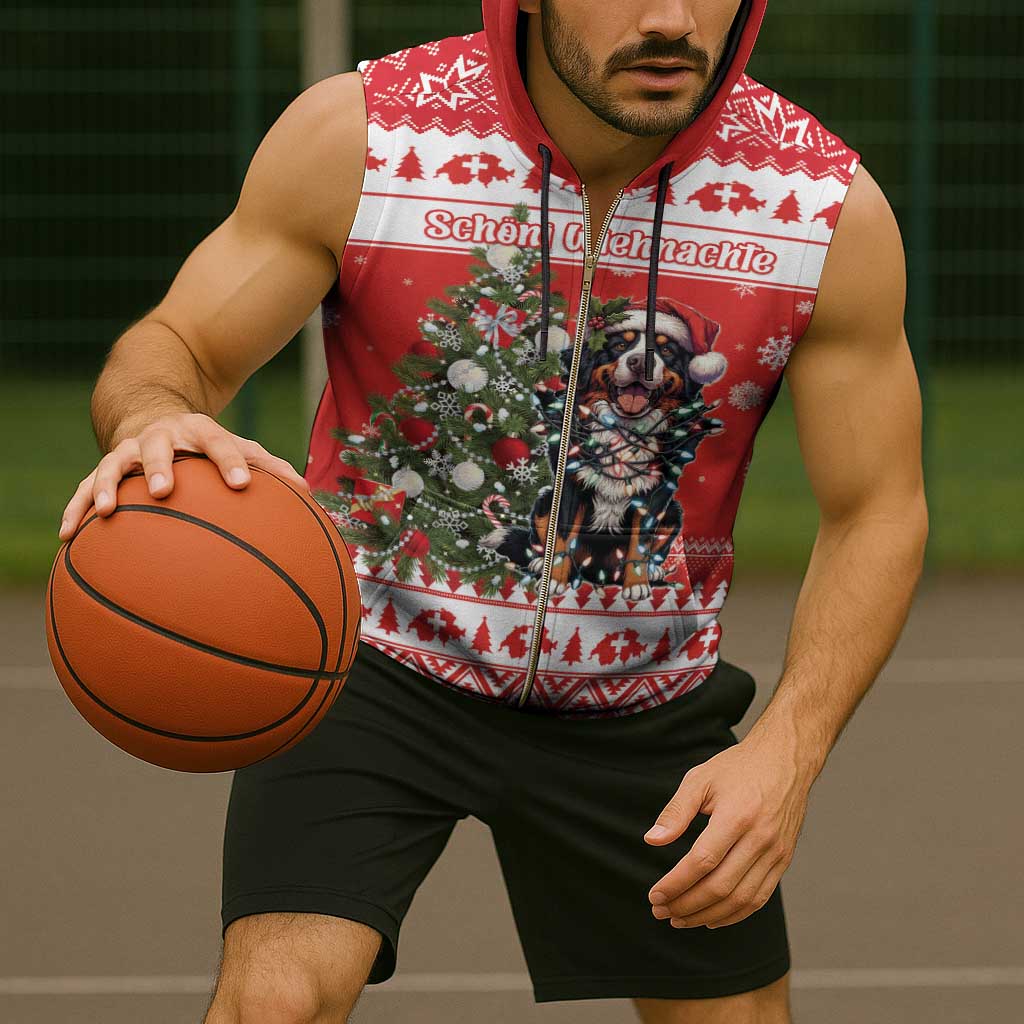 Personalized Merry Swissmas Sleeveless Zip Hoodie Bernese Mountain Dog Christmas Pattern - Wonder Print Shop