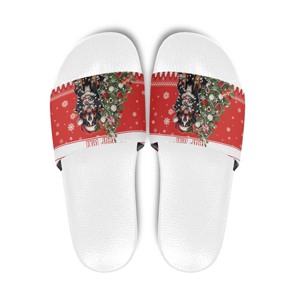 Personalized Merry Swissmas Slide Sandals Bernese Mountain Dog Christmas Pattern - Wonder Print Shop