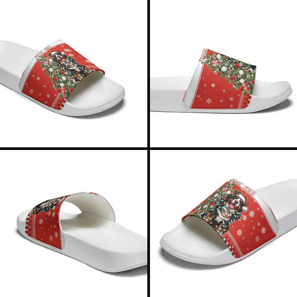 Personalized Merry Swissmas Slide Sandals Bernese Mountain Dog Christmas Pattern - Wonder Print Shop