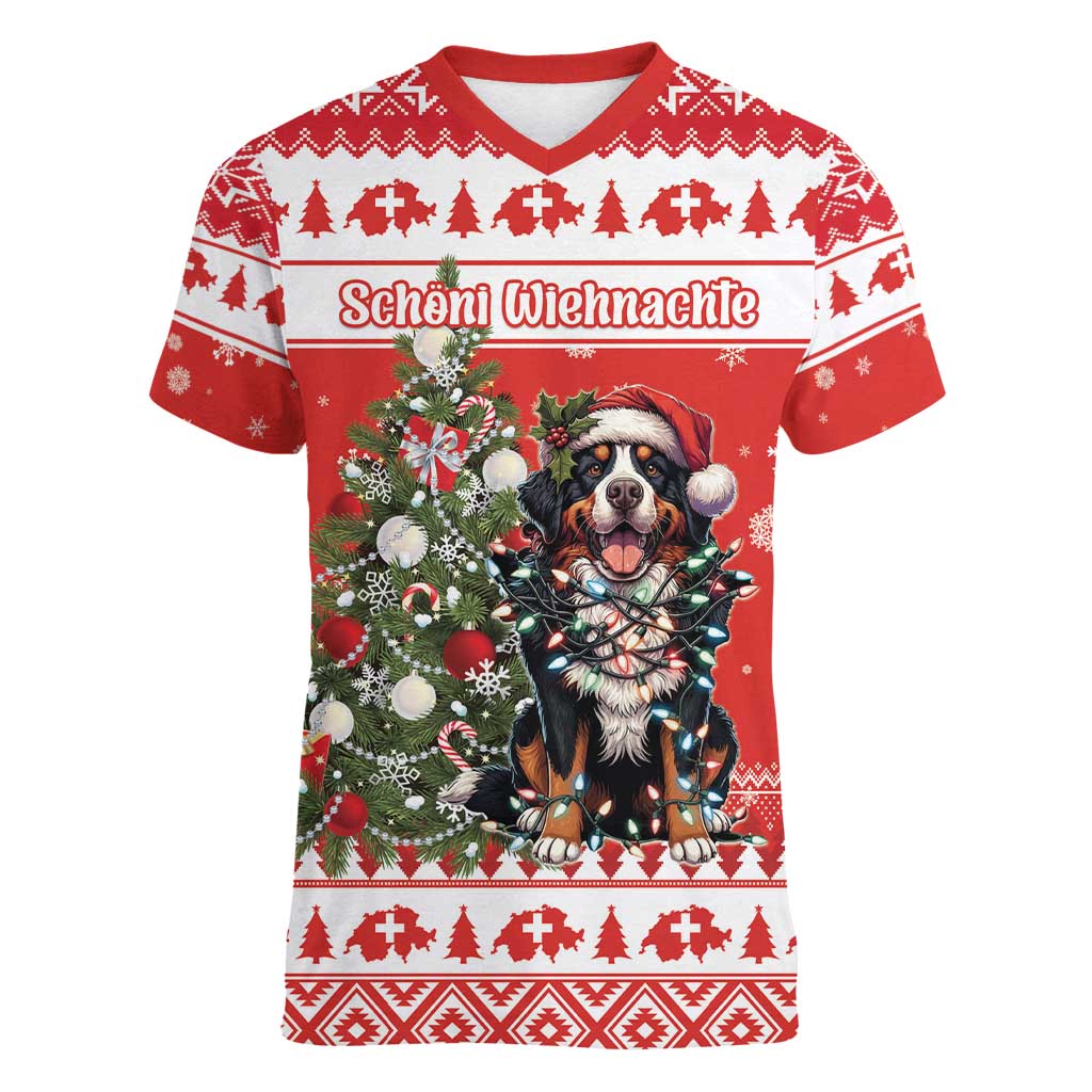 Personalized Merry Swissmas Women V-Neck T-Shirt Bernese Mountain Dog Christmas Pattern - Wonder Print Shop