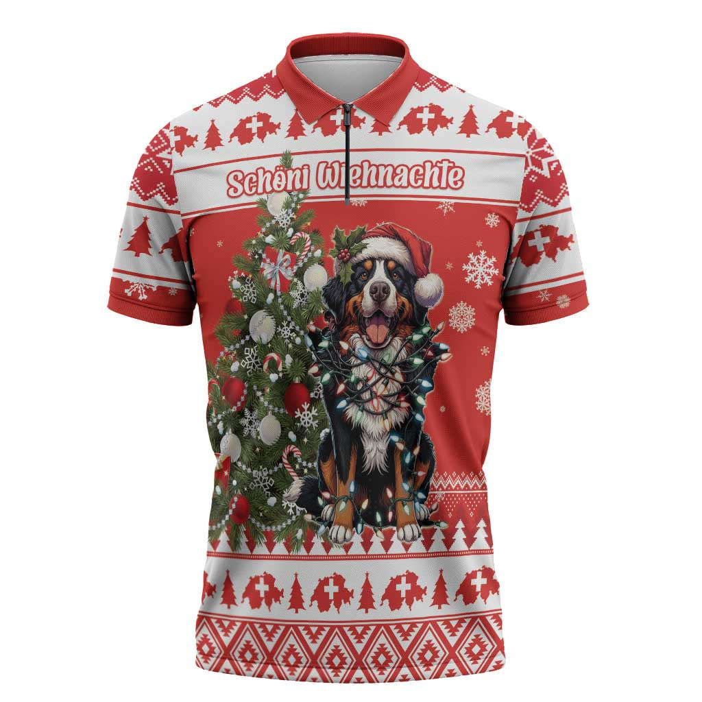 Personalized Merry Swissmas Zipper Polo Shirt Bernese Mountain Dog Christmas Pattern - Wonder Print Shop