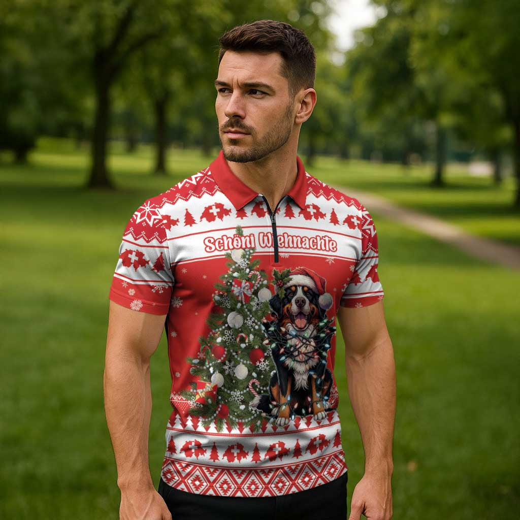 Personalized Merry Swissmas Zipper Polo Shirt Bernese Mountain Dog Christmas Pattern - Wonder Print Shop