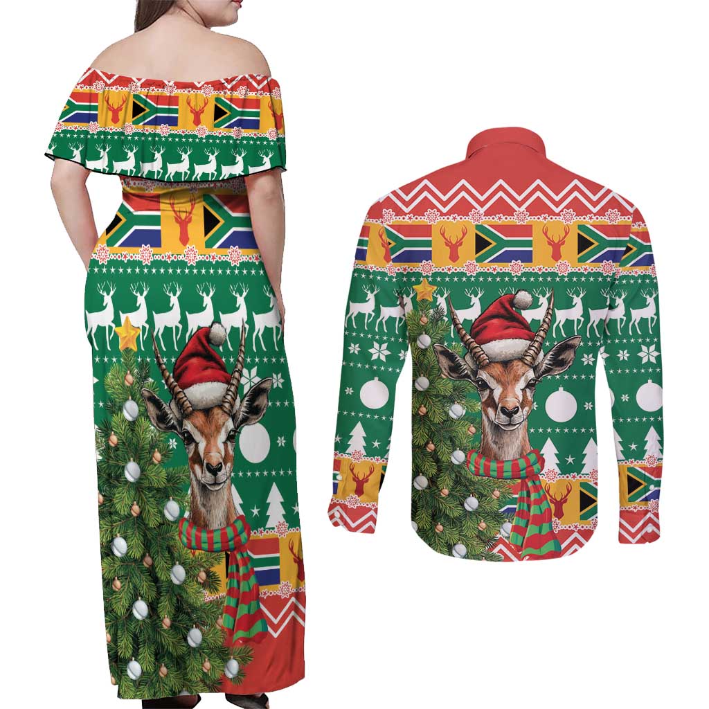 South Africa Christmas Couples Matching Off Shoulder Maxi Dress and Long Sleeve Button Shirt Springbok With Christmas Tree - Wonder Print Shop