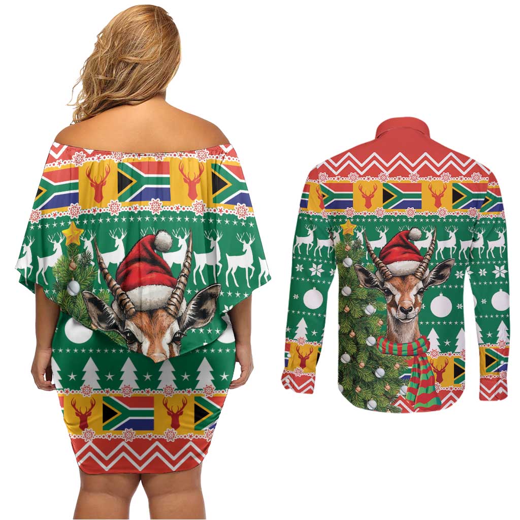 South Africa Christmas Couples Matching Off Shoulder Short Dress and Long Sleeve Button Shirt Springbok With Christmas Tree - Wonder Print Shop