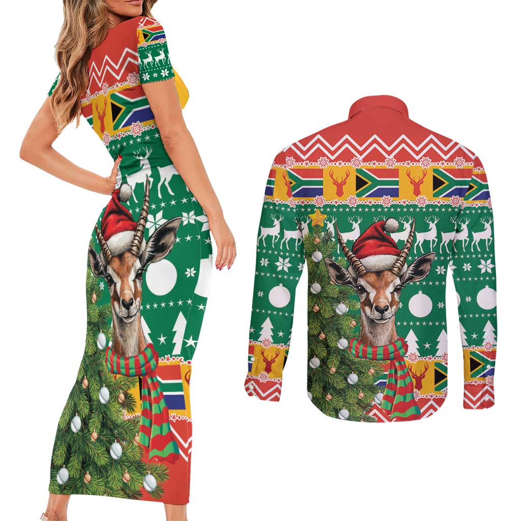 South Africa Christmas Couples Matching Short Sleeve Bodycon Dress and Long Sleeve Button Shirt Springbok With Christmas Tree - Wonder Print Shop