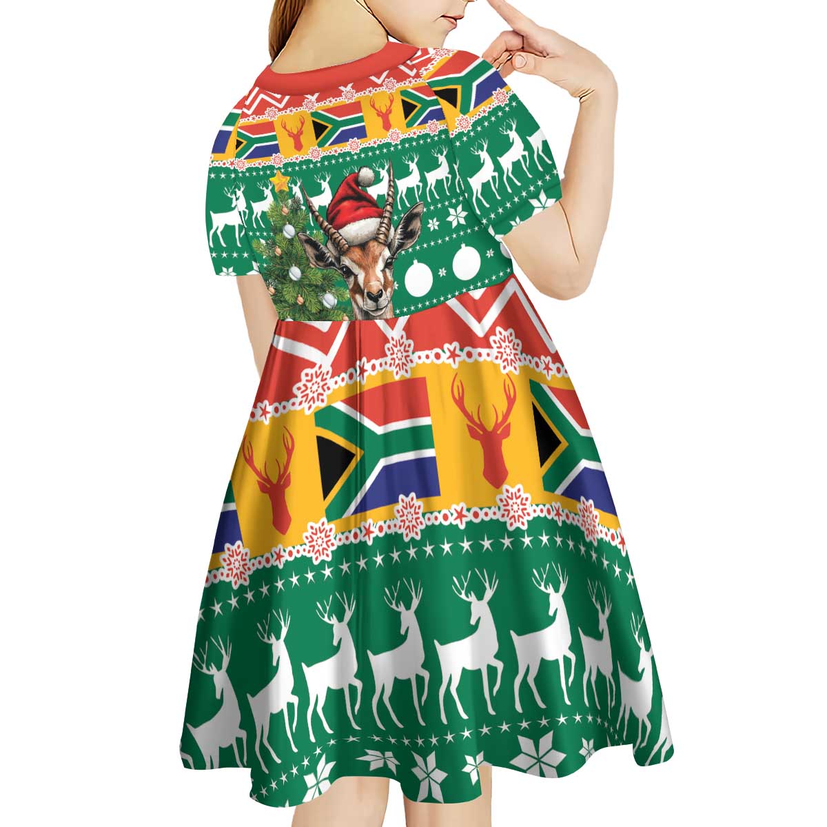 South Africa Christmas Kid Short Sleeve Dress Springbok With Christmas Tree - Wonder Print Shop