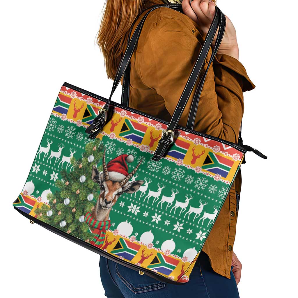 South Africa Christmas Leather Tote Bag Springbok With Christmas Tree - Wonder Print Shop