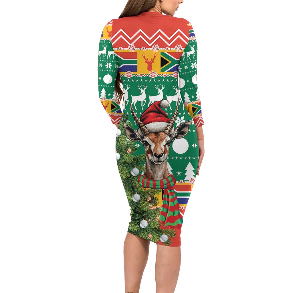 South Africa Christmas Long Sleeve Bodycon Dress Springbok With Christmas Tree - Wonder Print Shop