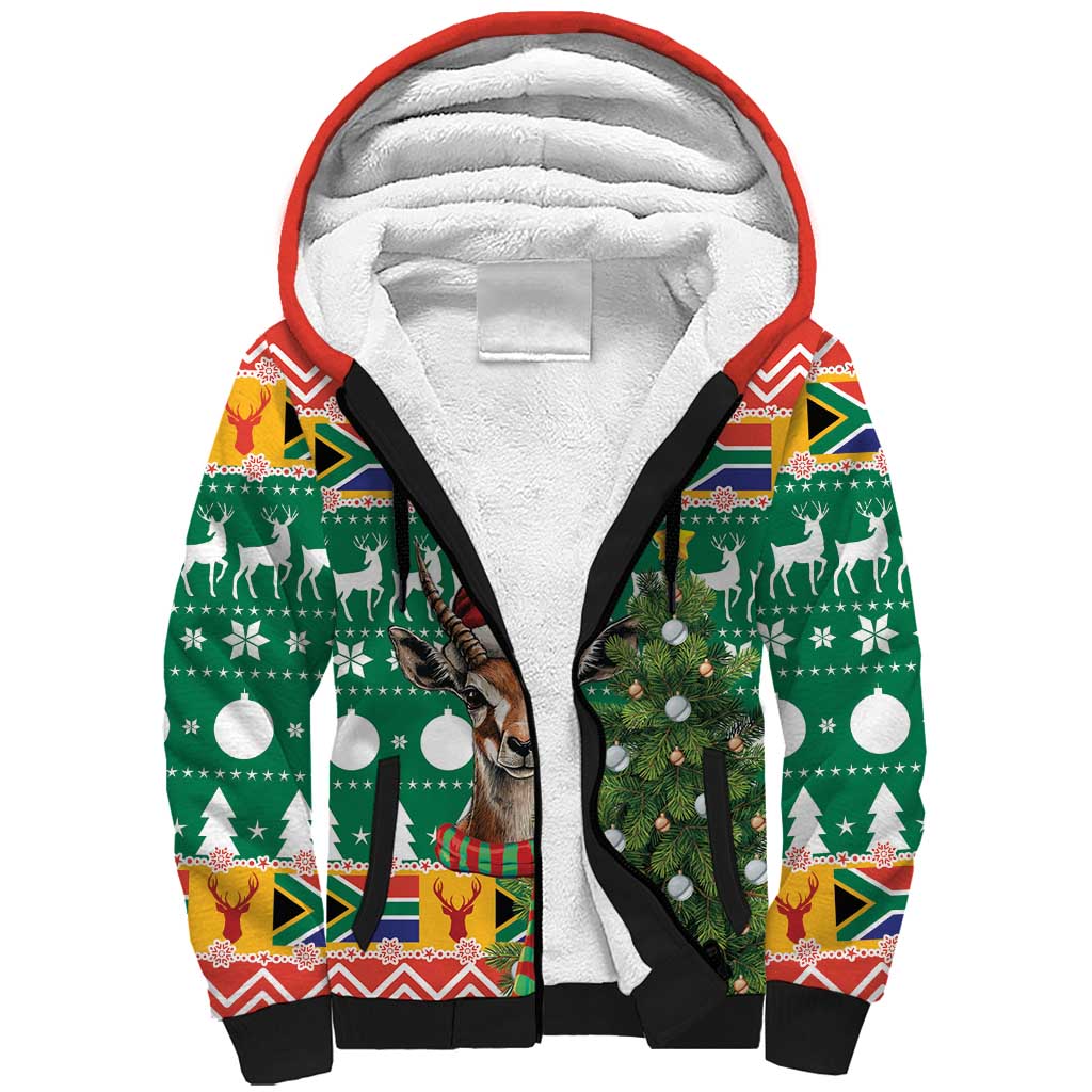 South Africa Christmas Sherpa Hoodie Springbok With Christmas Tree - Wonder Print Shop