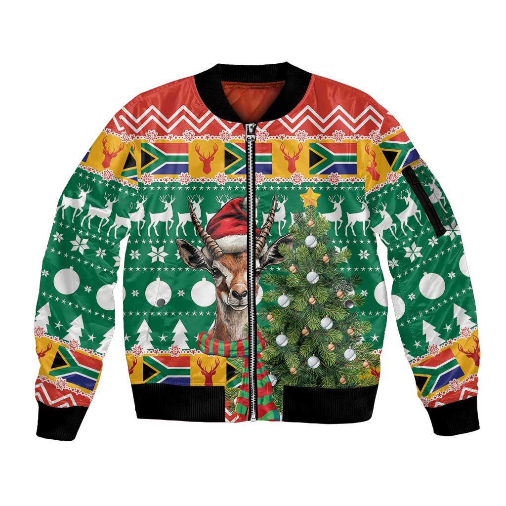 South Africa Christmas Sleeve Zip Bomber Jacket Springbok With Christmas Tree - Wonder Print Shop