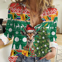 South Africa Christmas Women Casual Shirt Springbok With Christmas Tree - Wonder Print Shop