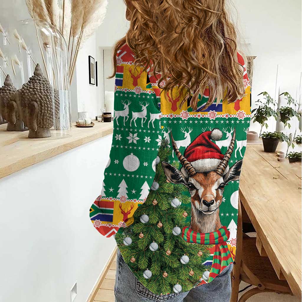 South Africa Christmas Women Casual Shirt Springbok With Christmas Tree - Wonder Print Shop