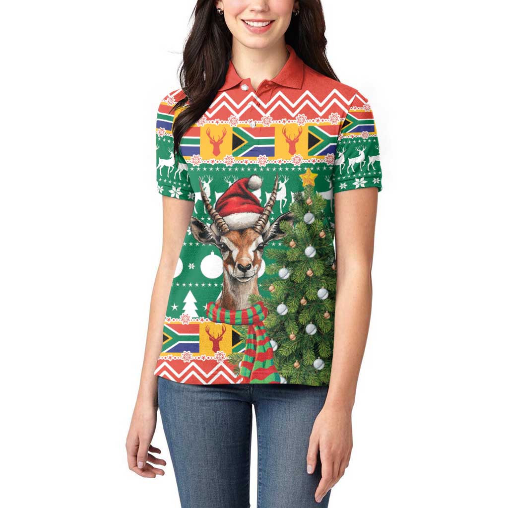 South Africa Christmas Women Polo Shirt Springbok With Christmas Tree - Wonder Print Shop