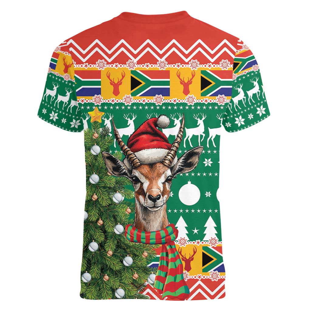 South Africa Christmas Women V-Neck T-Shirt Springbok With Christmas Tree - Wonder Print Shop