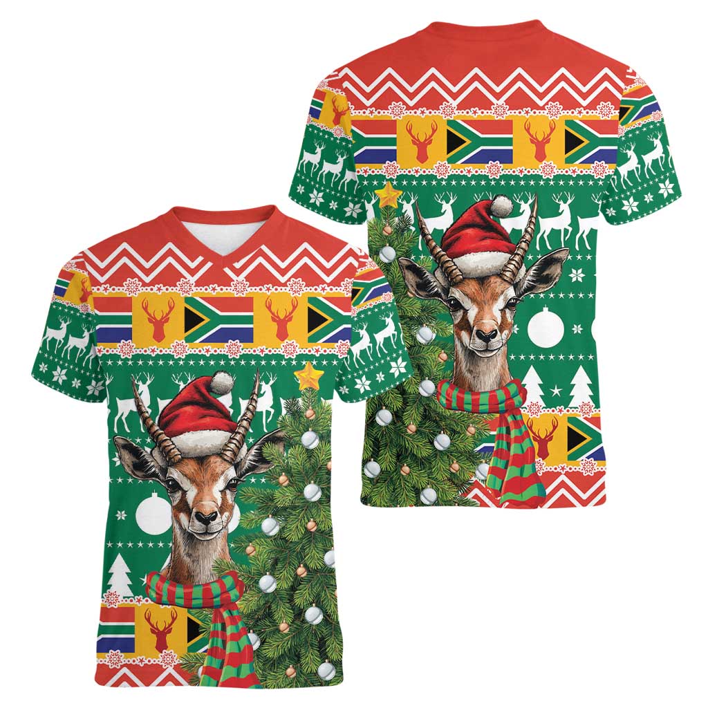 South Africa Christmas Women V-Neck T-Shirt Springbok With Christmas Tree - Wonder Print Shop