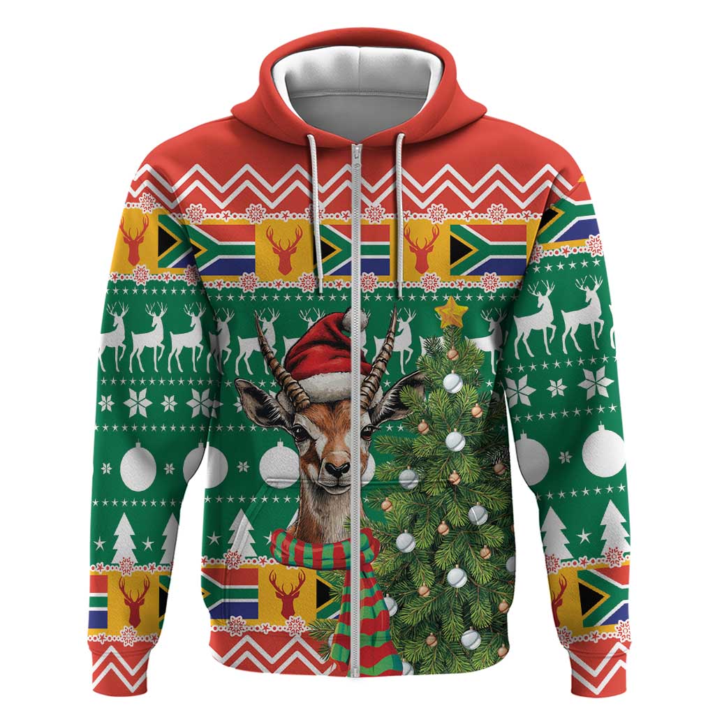 South Africa Christmas Zip Hoodie Springbok With Christmas Tree - Wonder Print Shop