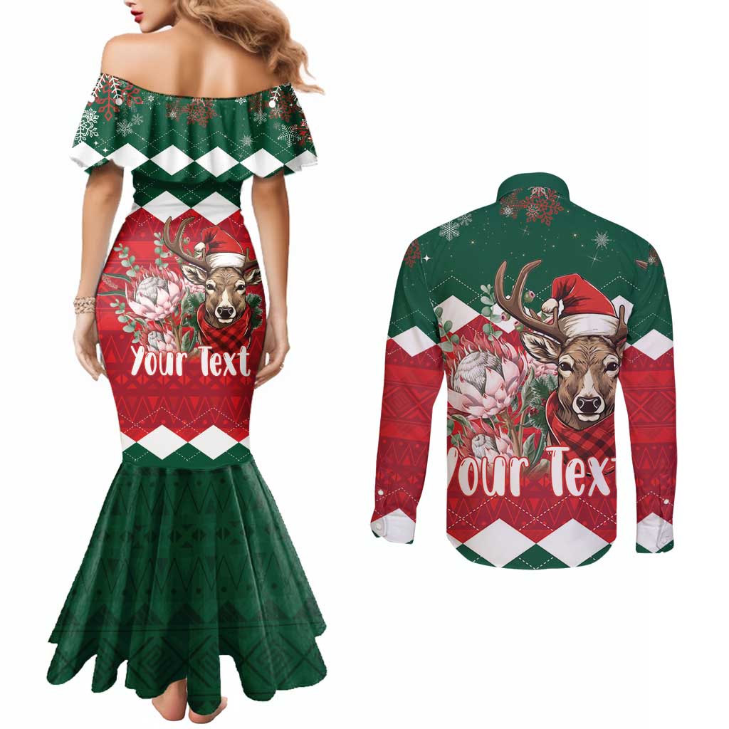Personalized South Africa Christmas Couples Matching Mermaid Dress and Long Sleeve Button Shirt Springbok With King Protea