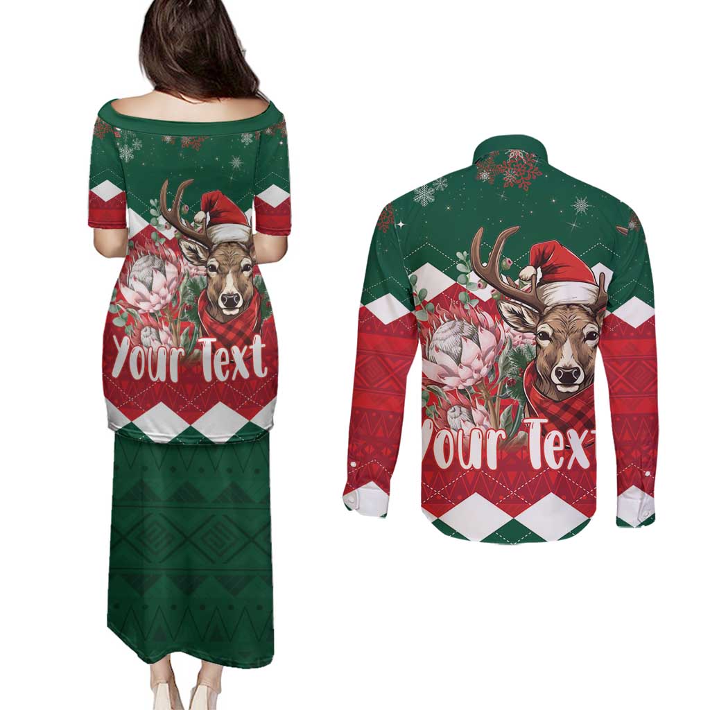 Personalized South Africa Christmas Couples Matching Puletasi and Long Sleeve Button Shirt Springbok With King Protea - Wonder Print Shop