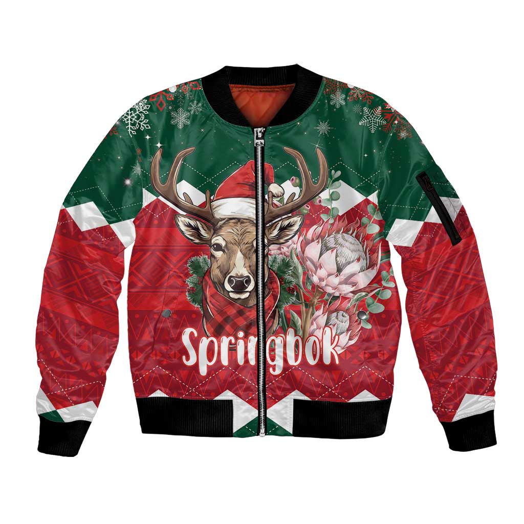 Personalized South Africa Christmas Sleeve Zip Bomber Jacket Springbok With King Protea - Wonder Print Shop