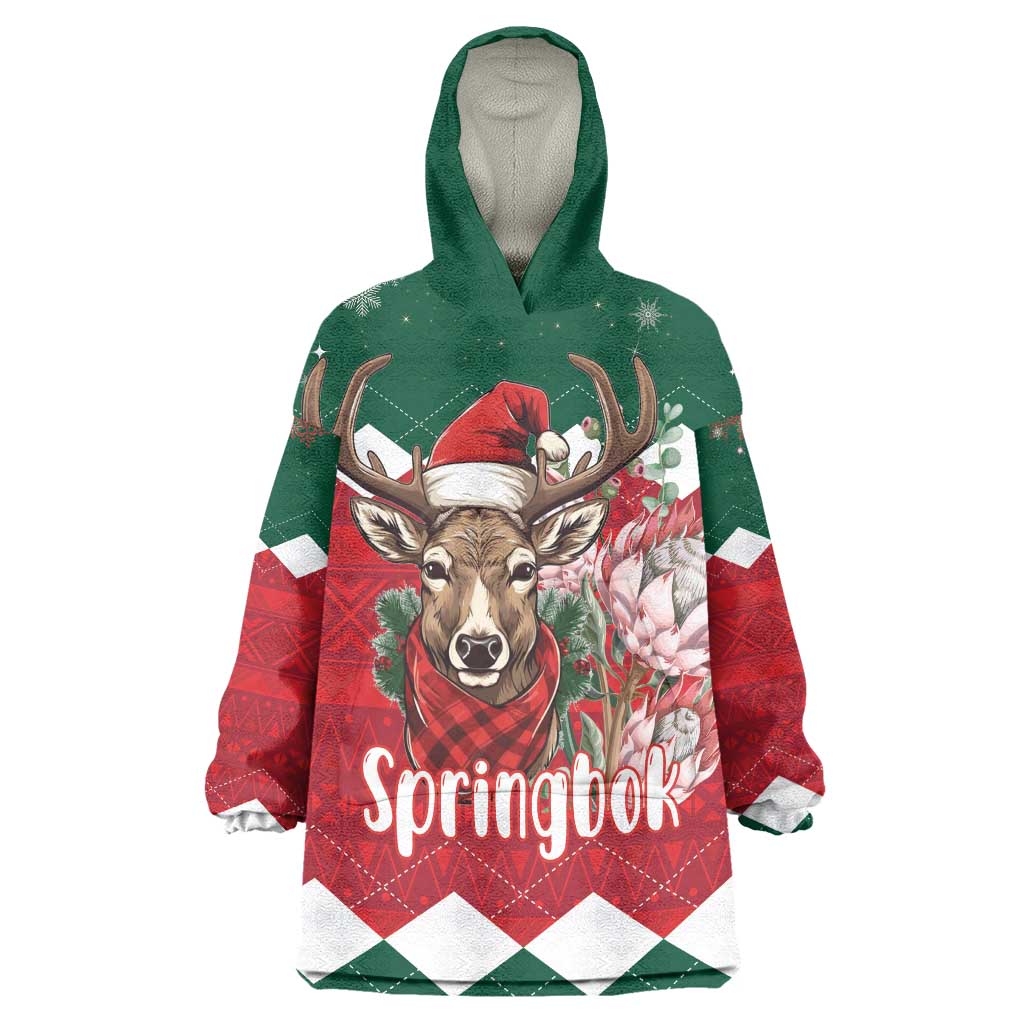 Personalized South Africa Christmas Wearable Blanket Hoodie Springbok With King Protea - Wonder Print Shop