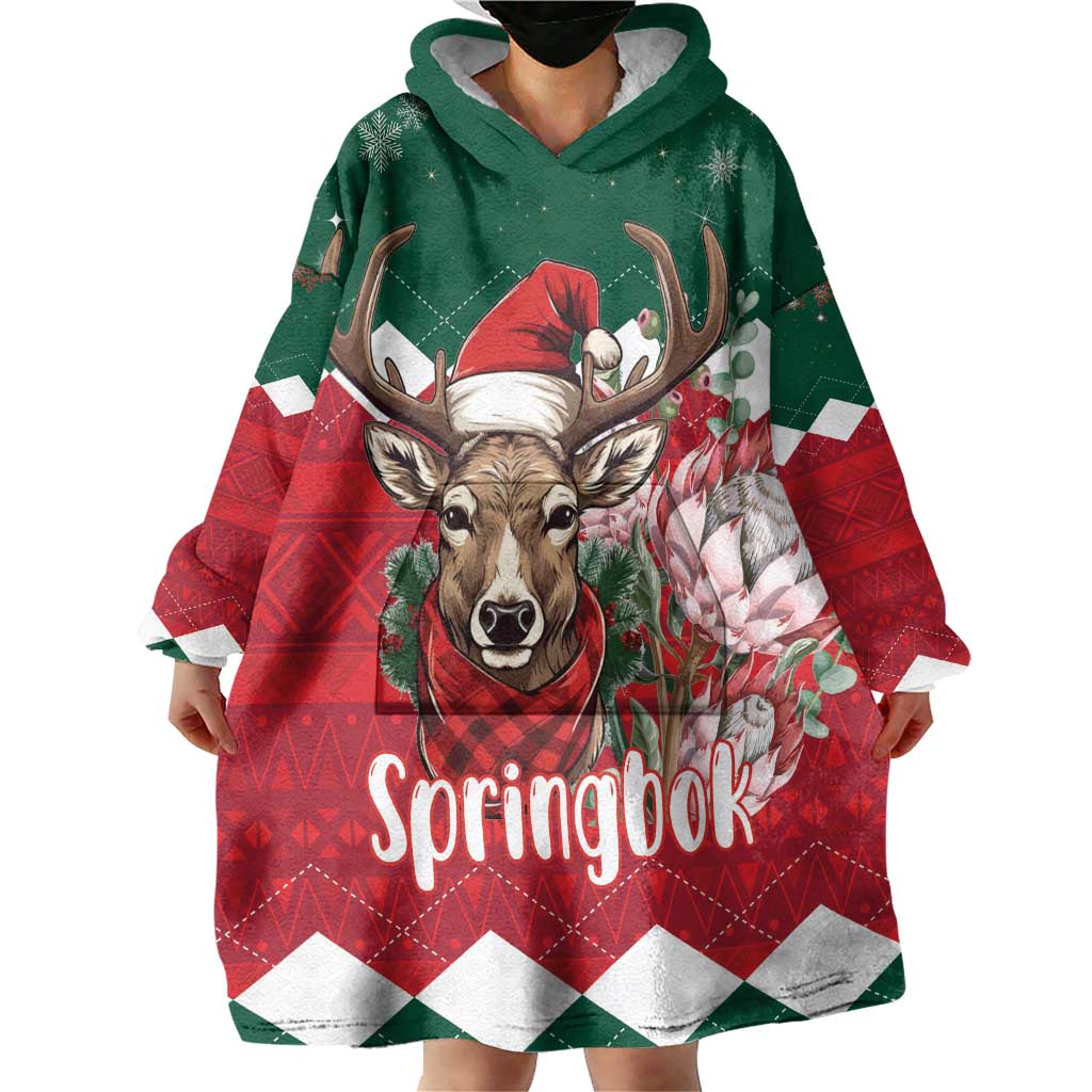 Personalized South Africa Christmas Wearable Blanket Hoodie Springbok With King Protea - Wonder Print Shop