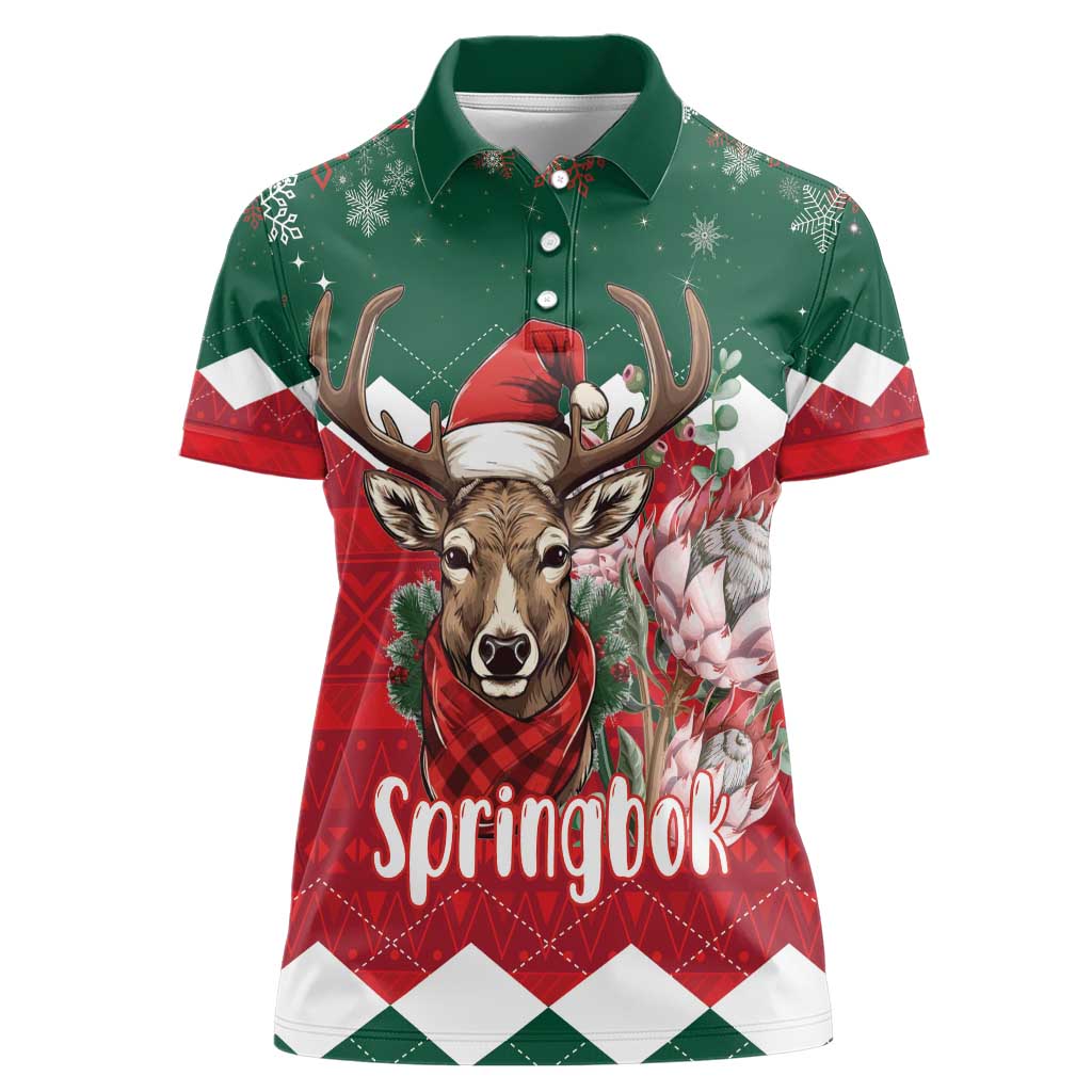 Personalized South Africa Christmas Women Polo Shirt Springbok With King Protea - Wonder Print Shop