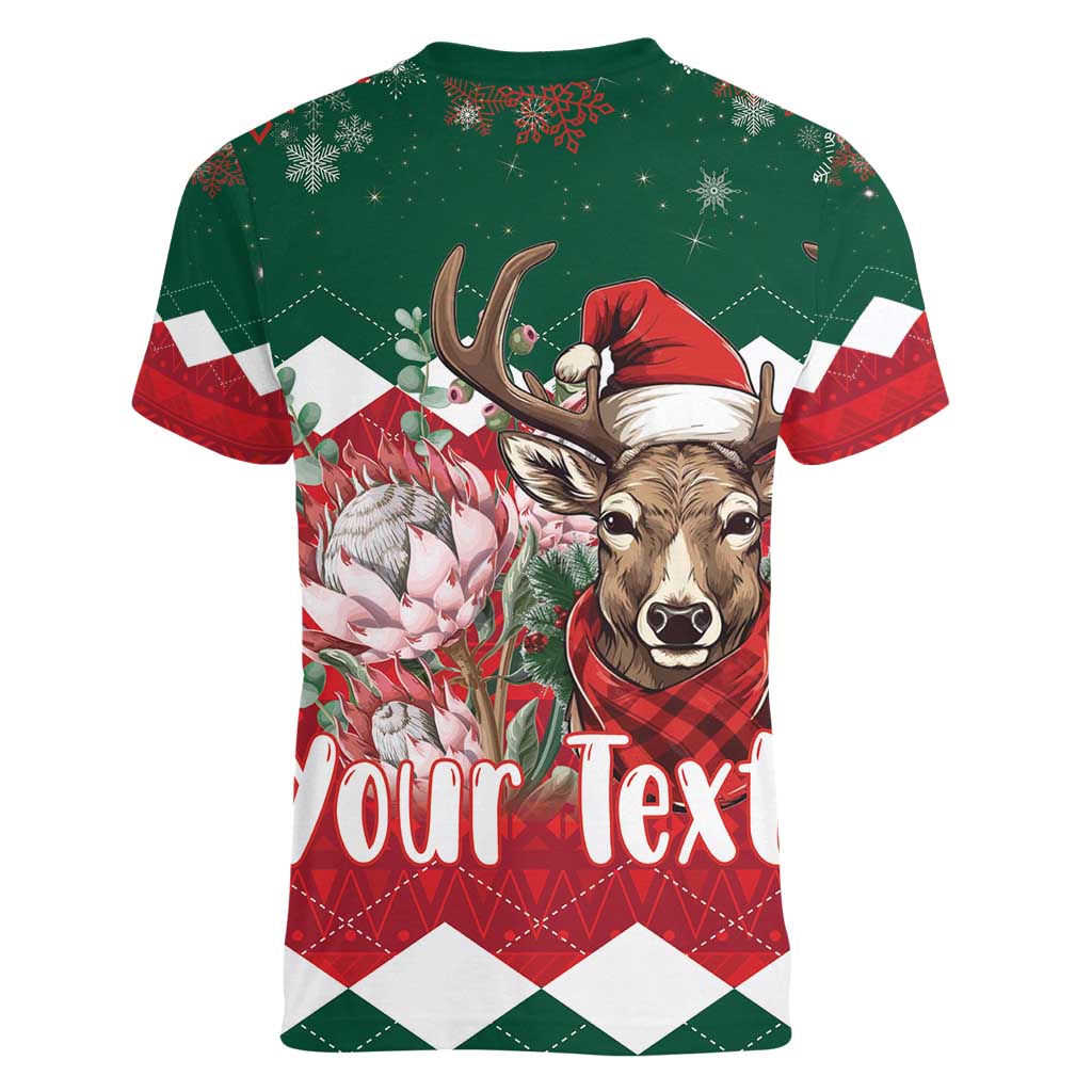 Personalized South Africa Christmas Women V-Neck T-Shirt Springbok With King Protea - Wonder Print Shop