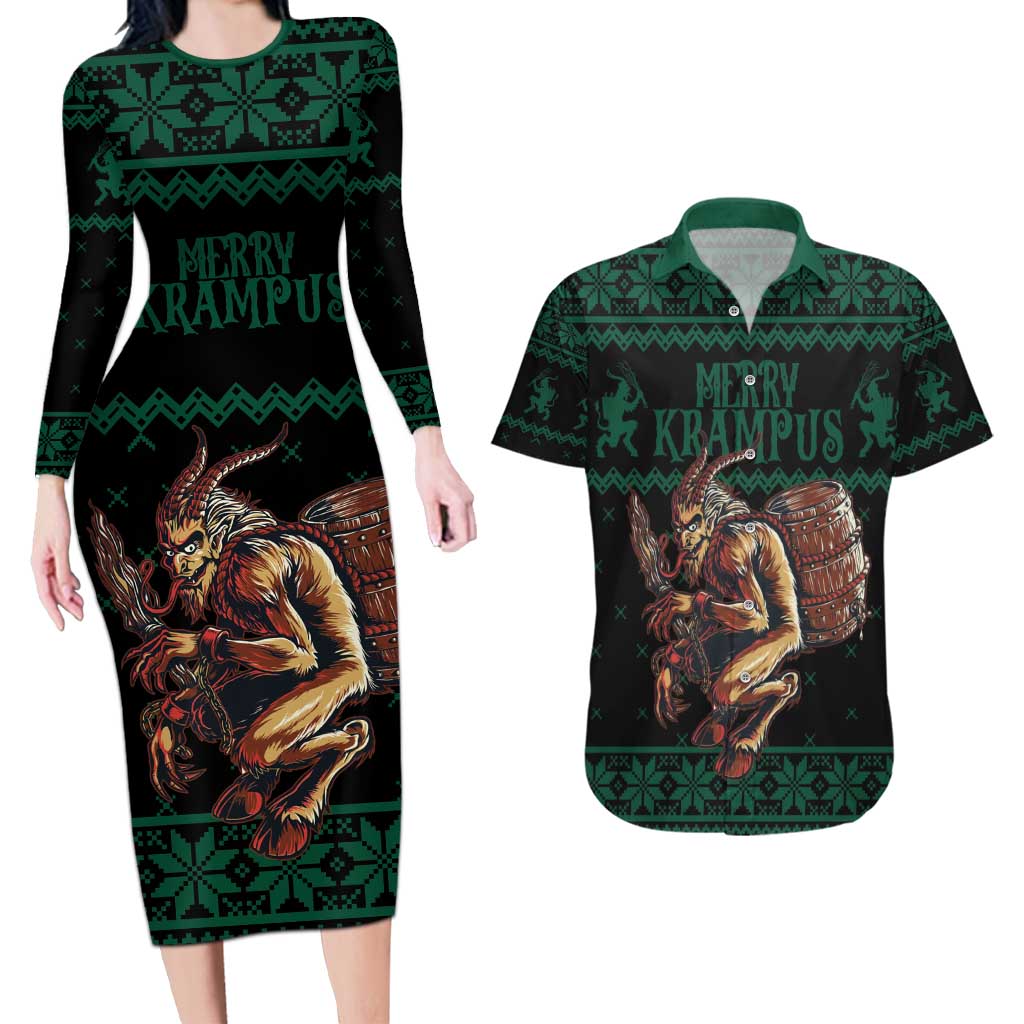 Merry Krampus Creepy Christmas Holiday Couples Matching Long Sleeve Bodycon Dress and Hawaiian Shirt Green Version - Wonder Print Shop
