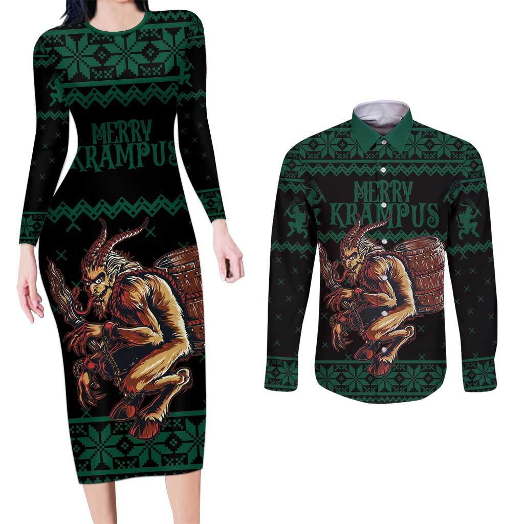 Merry Krampus Creepy Christmas Holiday Couples Matching Long Sleeve Bodycon Dress and Long Sleeve Button Shirt Green Version - Wonder Print Shop