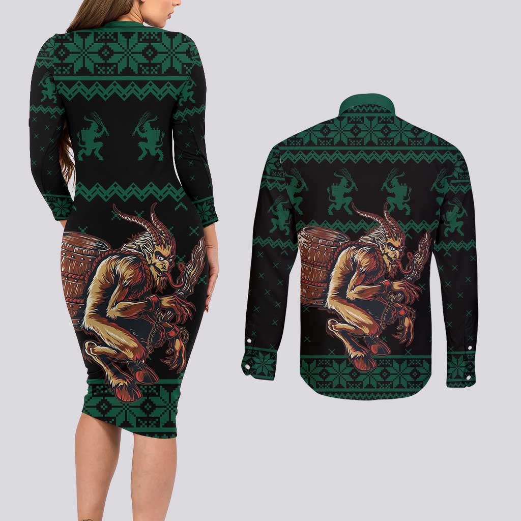 Merry Krampus Creepy Christmas Holiday Couples Matching Long Sleeve Bodycon Dress and Long Sleeve Button Shirt Green Version - Wonder Print Shop