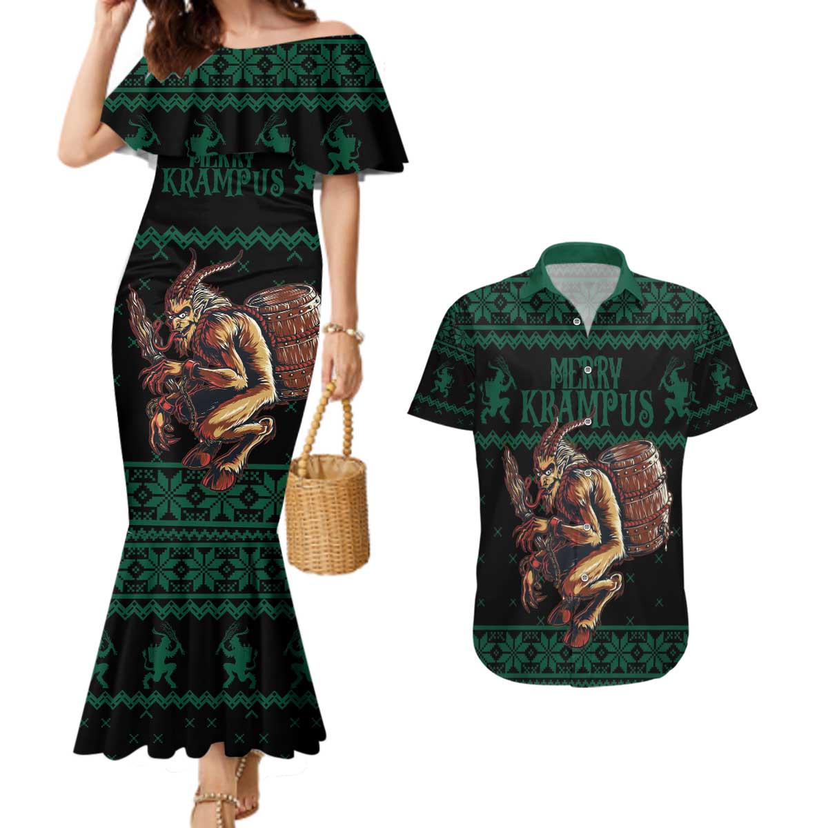 Merry Krampus Creepy Christmas Holiday Couples Matching Mermaid Dress and Hawaiian Shirt Green Version - Wonder Print Shop