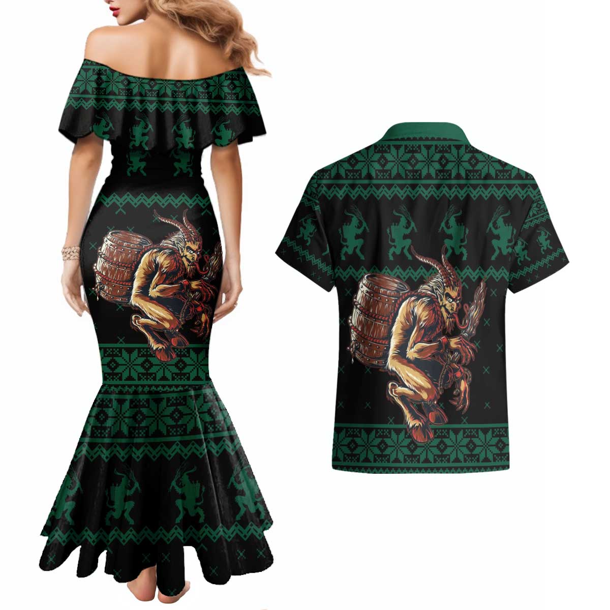 Merry Krampus Creepy Christmas Holiday Couples Matching Mermaid Dress and Hawaiian Shirt Green Version - Wonder Print Shop