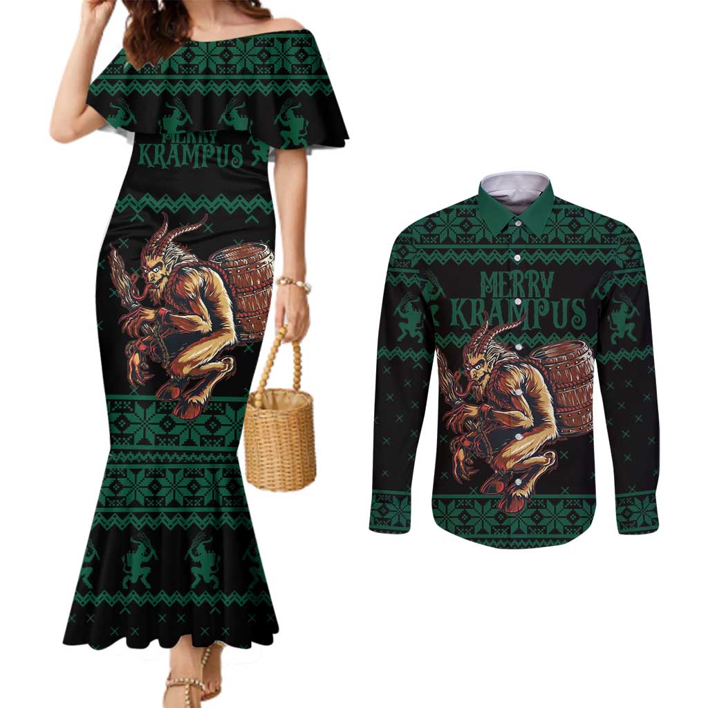 Merry Krampus Creepy Christmas Holiday Couples Matching Mermaid Dress and Long Sleeve Button Shirt Green Version