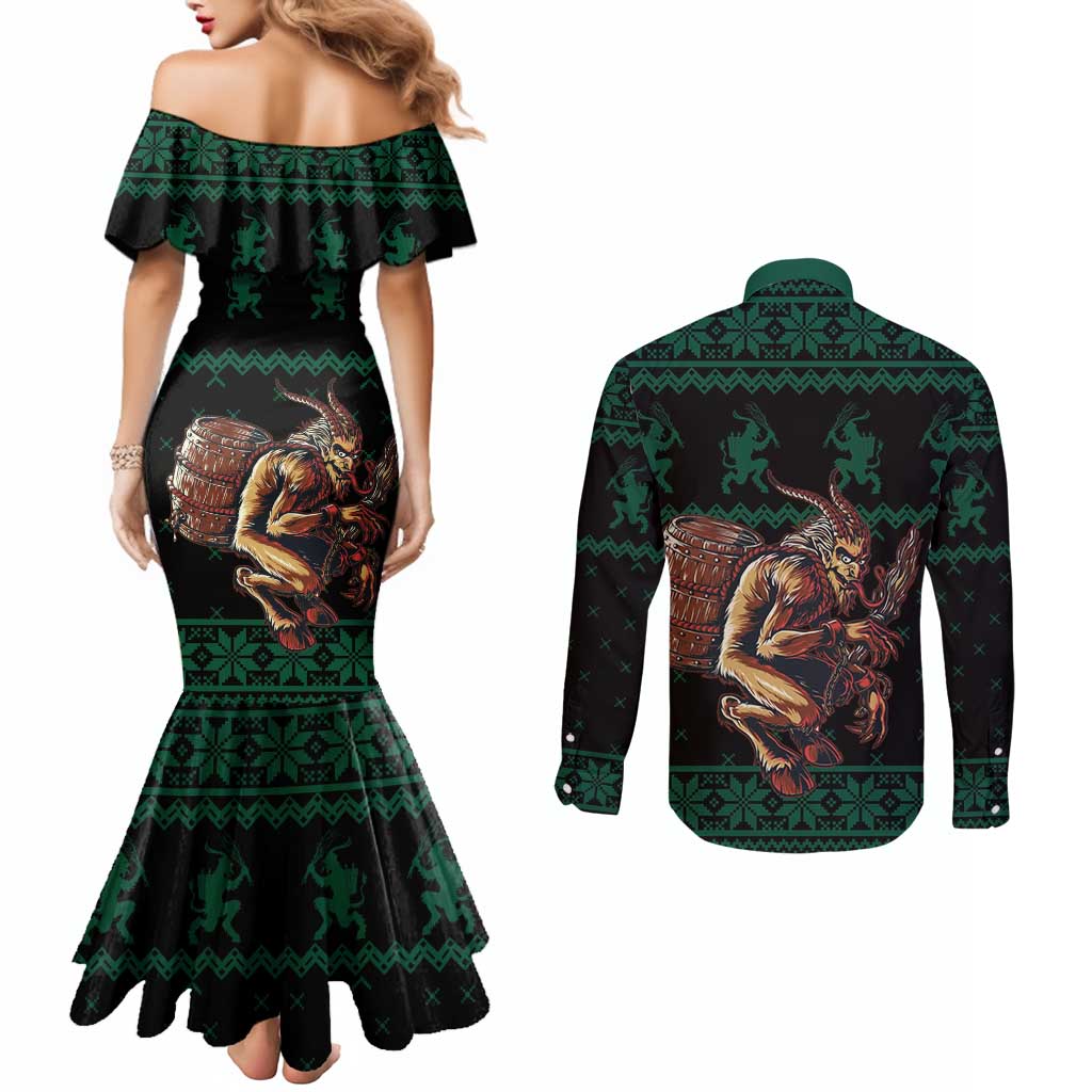 Merry Krampus Creepy Christmas Holiday Couples Matching Mermaid Dress and Long Sleeve Button Shirt Green Version
