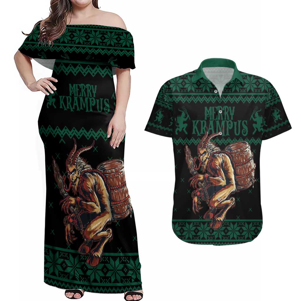 Merry Krampus Creepy Christmas Holiday Couples Matching Off Shoulder Maxi Dress and Hawaiian Shirt Green Version - Wonder Print Shop