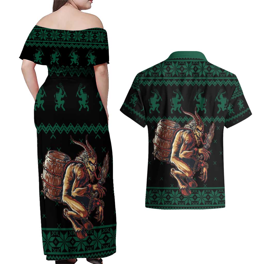 Merry Krampus Creepy Christmas Holiday Couples Matching Off Shoulder Maxi Dress and Hawaiian Shirt Green Version - Wonder Print Shop