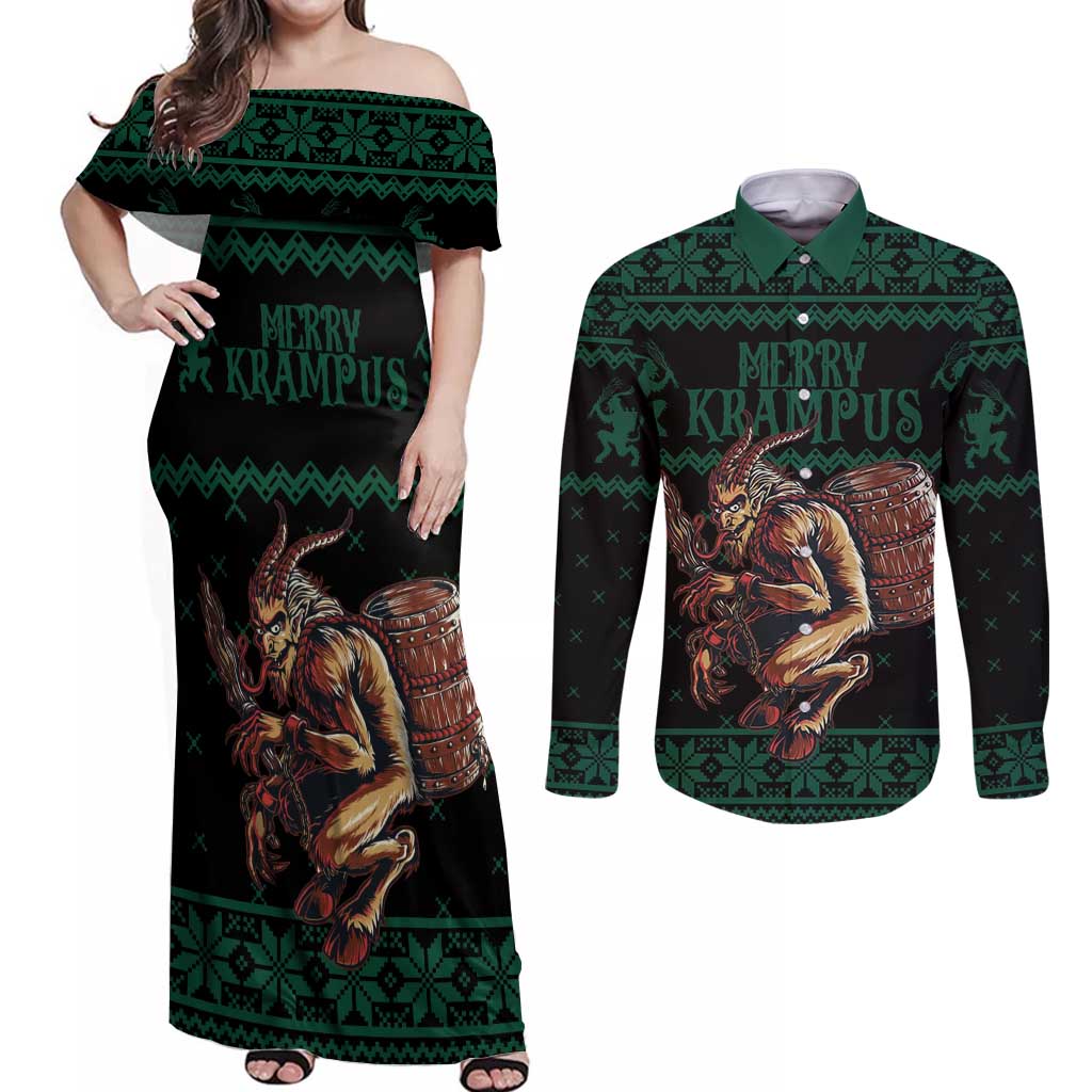 Merry Krampus Creepy Christmas Holiday Couples Matching Off Shoulder Maxi Dress and Long Sleeve Button Shirt Green Version - Wonder Print Shop