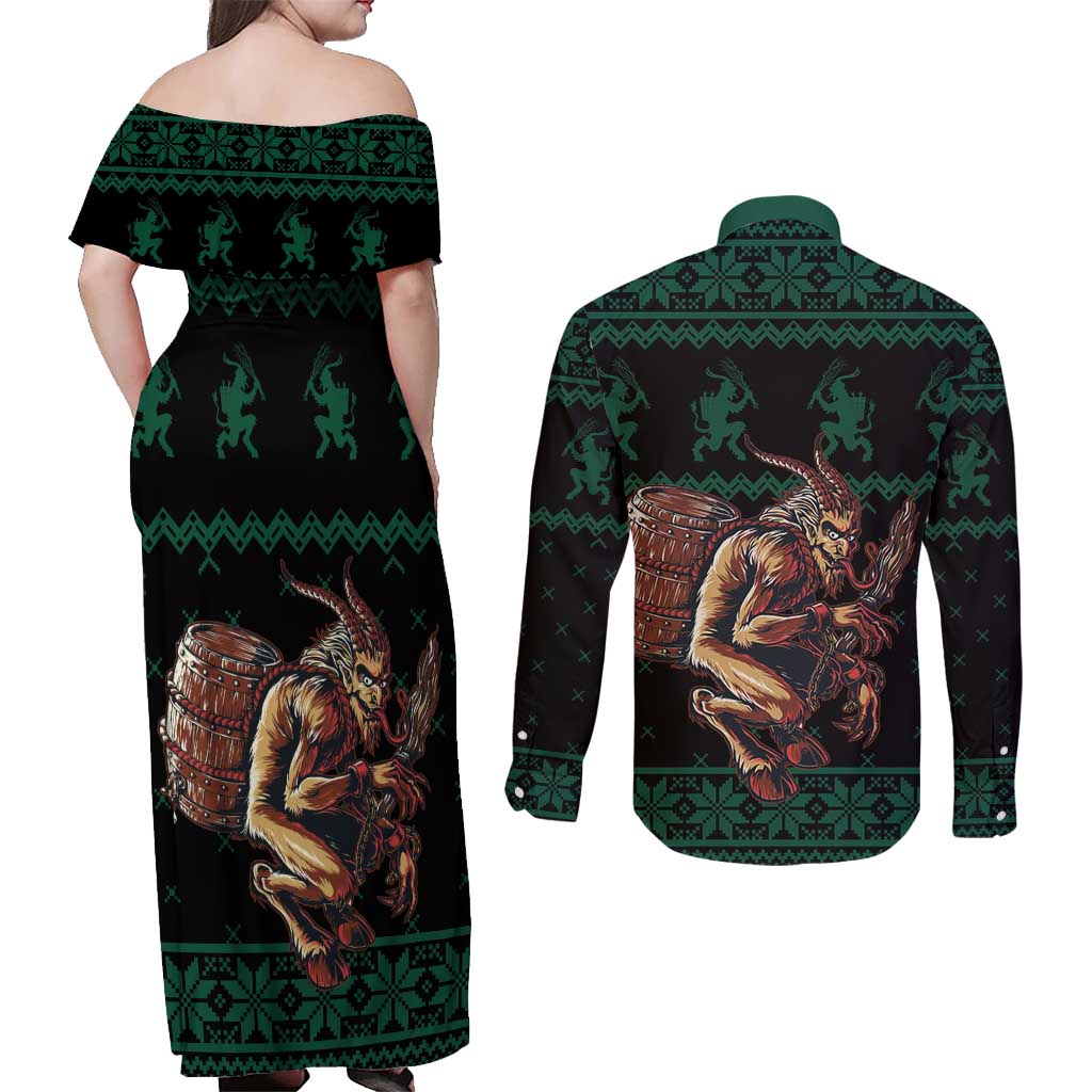 Merry Krampus Creepy Christmas Holiday Couples Matching Off Shoulder Maxi Dress and Long Sleeve Button Shirt Green Version - Wonder Print Shop