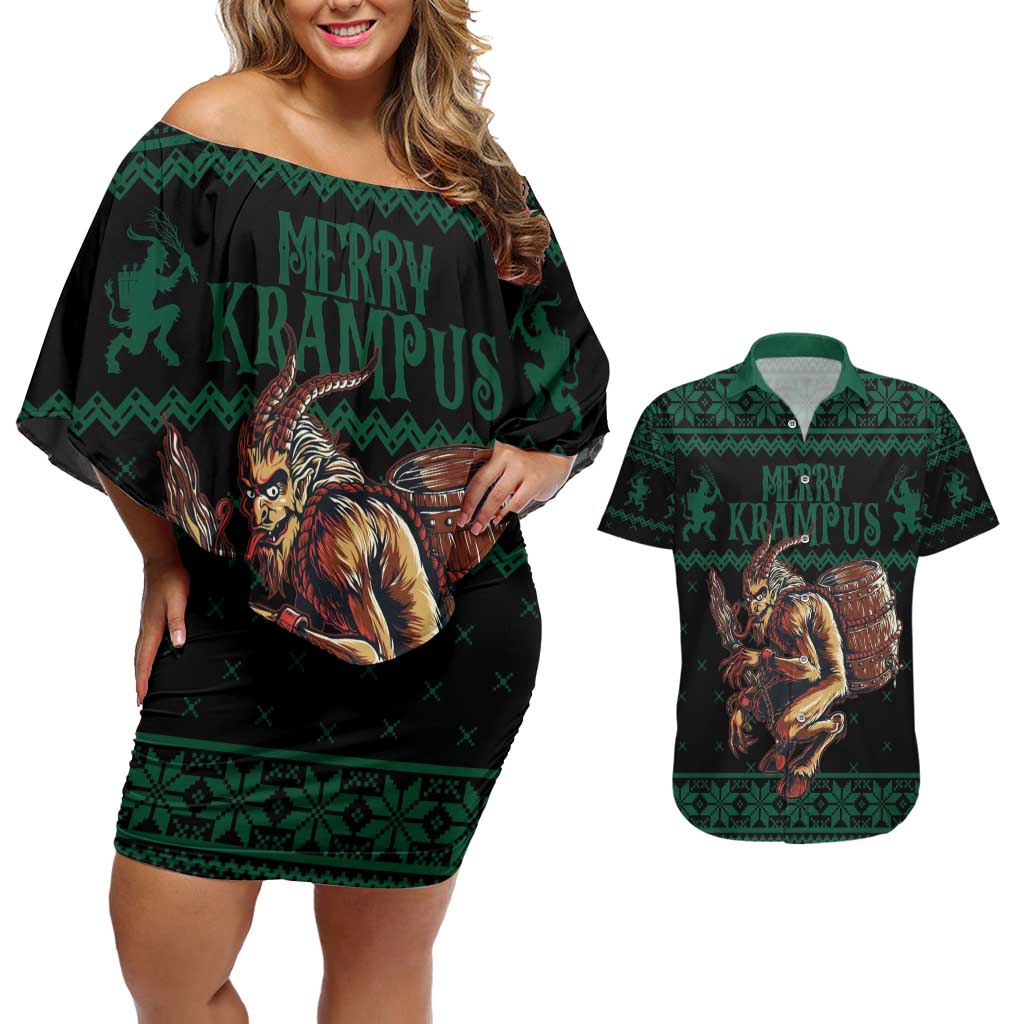 Merry Krampus Creepy Christmas Holiday Couples Matching Off Shoulder Short Dress and Hawaiian Shirt Green Version - Wonder Print Shop