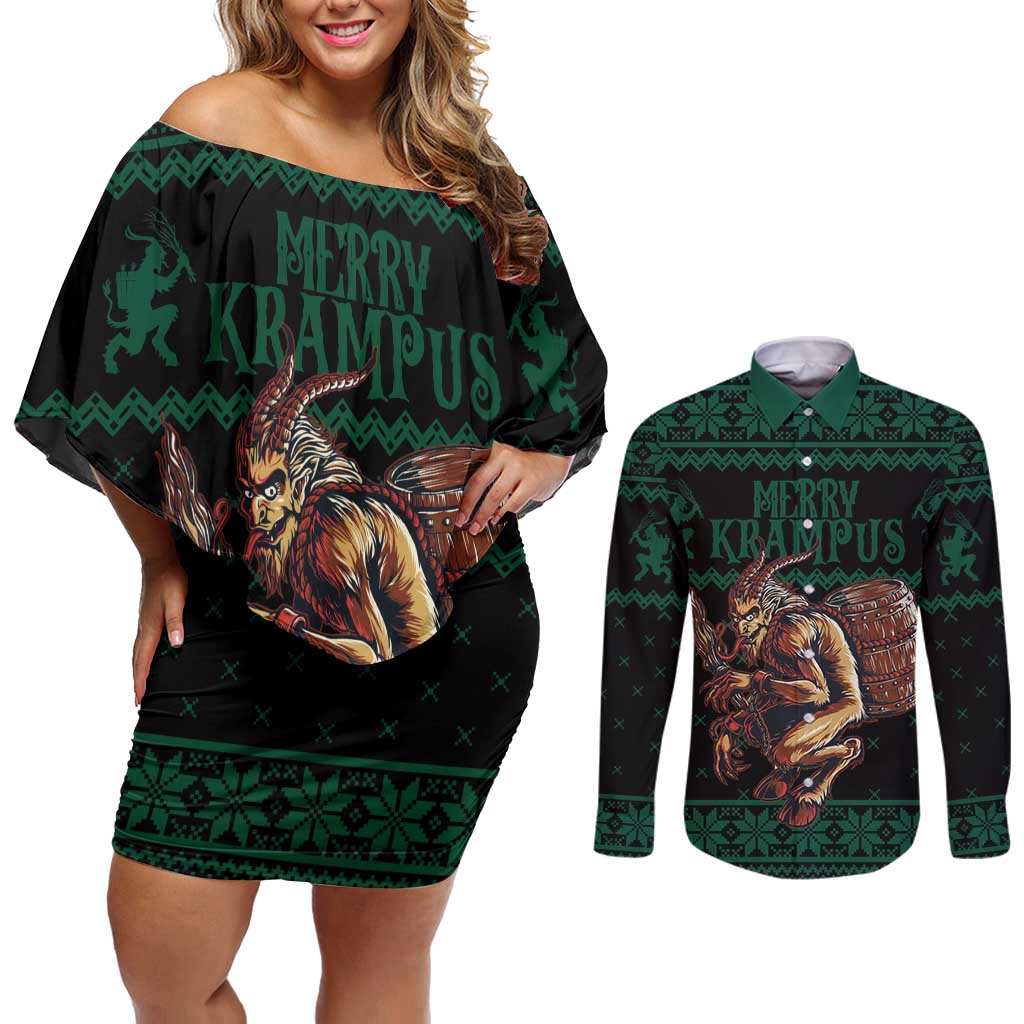 Merry Krampus Creepy Christmas Holiday Couples Matching Off Shoulder Short Dress and Long Sleeve Button Shirt Green Version - Wonder Print Shop
