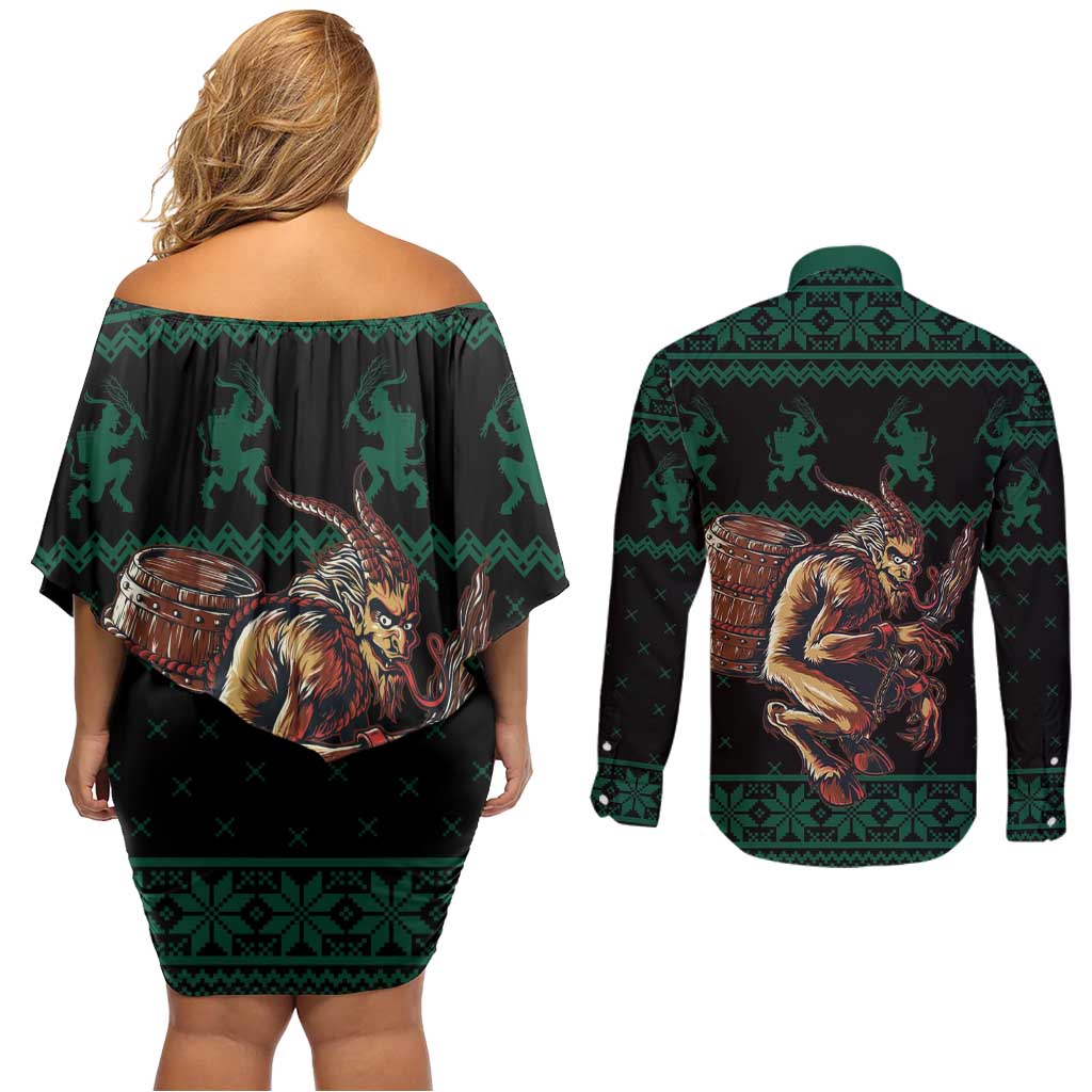 Merry Krampus Creepy Christmas Holiday Couples Matching Off Shoulder Short Dress and Long Sleeve Button Shirt Green Version - Wonder Print Shop