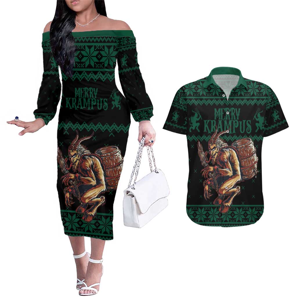 Merry Krampus Creepy Christmas Holiday Couples Matching Off The Shoulder Long Sleeve Dress and Hawaiian Shirt Green Version - Wonder Print Shop