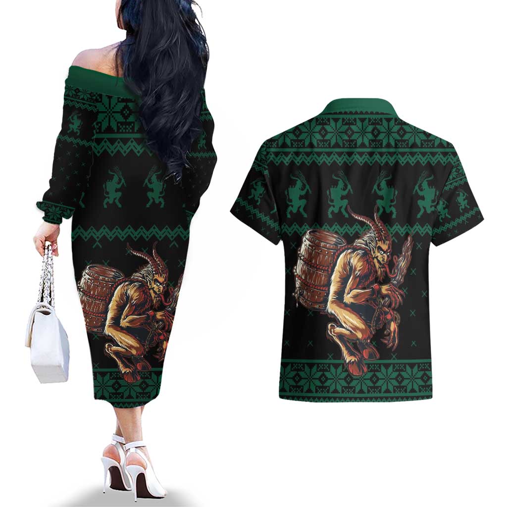 Merry Krampus Creepy Christmas Holiday Couples Matching Off The Shoulder Long Sleeve Dress and Hawaiian Shirt Green Version - Wonder Print Shop