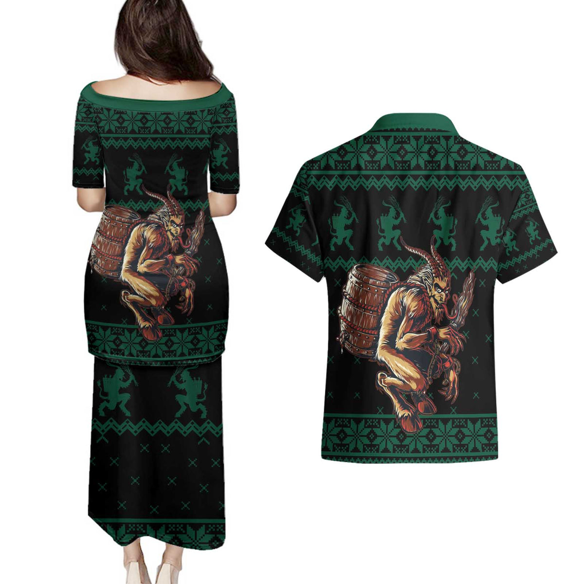 Merry Krampus Creepy Christmas Holiday Couples Matching Puletasi and Hawaiian Shirt Green Version - Wonder Print Shop